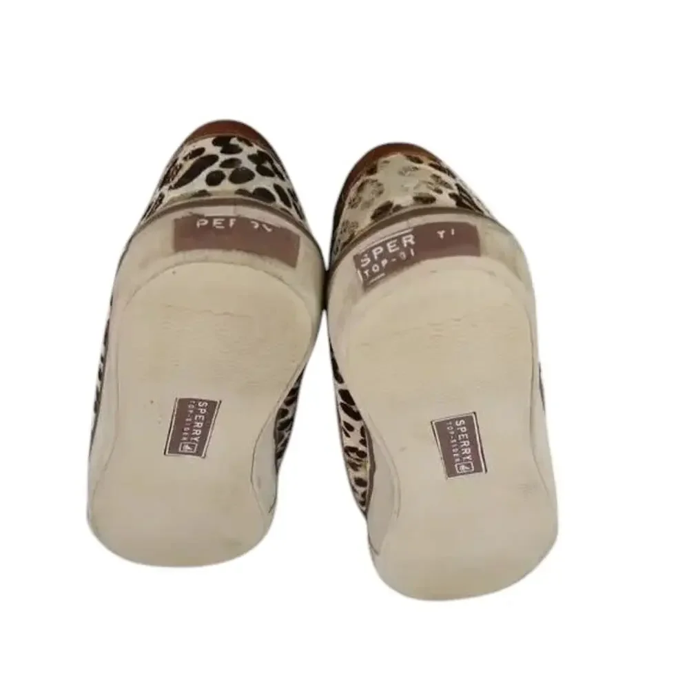 Sperry Shoes Womens 8.5 Top Sider Boat Deck Leather Leopard Print Fashion Preppy